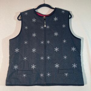 Talbots Christmas Grandmacore Sweater‎ Vest L Dark Grey Wool Blend Embroidered